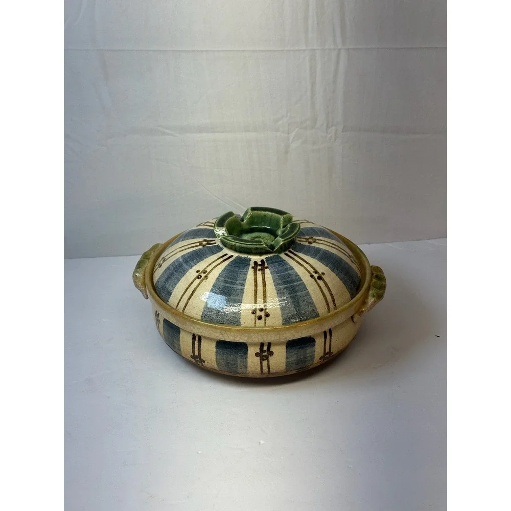 Vintage Japanese Donabe Casserole Pot Blue Striped Earthenware Cookware B-7